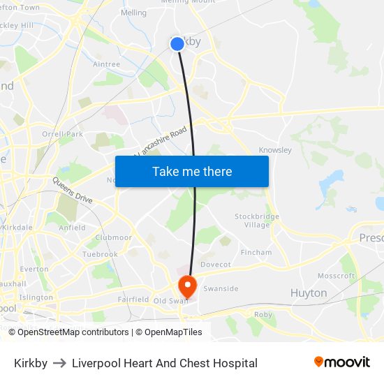 Kirkby to Liverpool Heart And Chest Hospital map