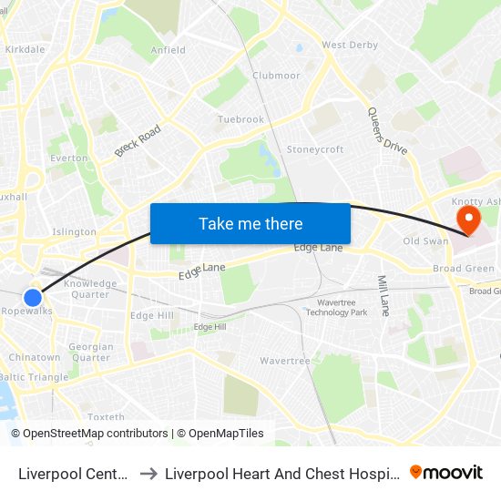 Liverpool Central to Liverpool Heart And Chest Hospital map