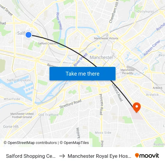 Salford Shopping Centre to Manchester Royal Eye Hospital map