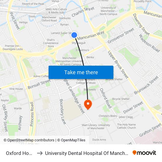 Oxford House to University Dental Hospital Of Manchester map