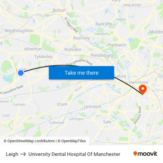 Leigh to University Dental Hospital Of Manchester map