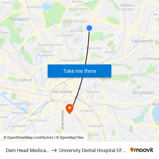 Dam Head Medical Centre to University Dental Hospital Of Manchester map