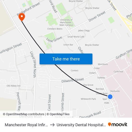 Manchester Royal Infirmary (Stop E) to University Dental Hospital Of Manchester map