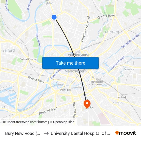 Bury New Road (Stop C) to University Dental Hospital Of Manchester map