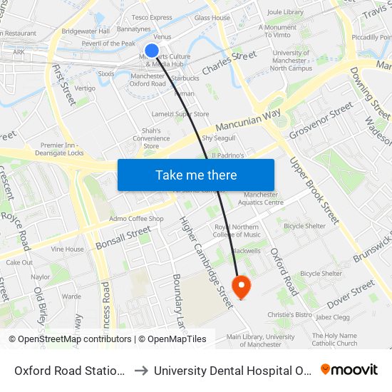 Oxford Road Station (Stop A) to University Dental Hospital Of Manchester map