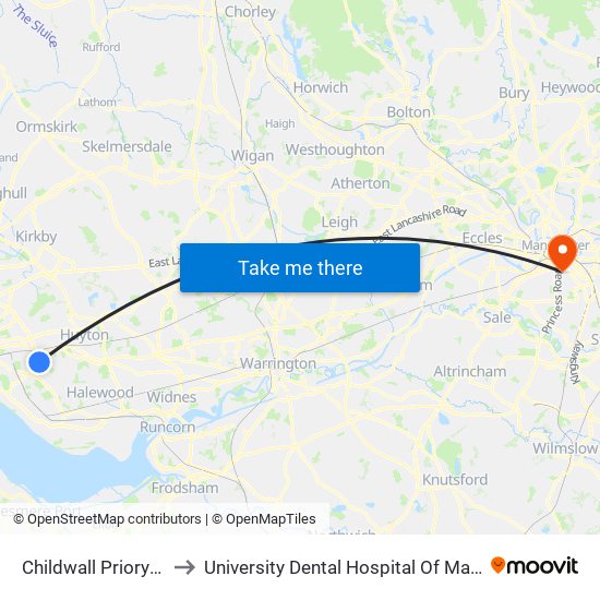 Childwall Priory Road to University Dental Hospital Of Manchester map