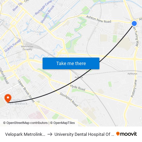 Velopark Metrolink (Stop F) to University Dental Hospital Of Manchester map