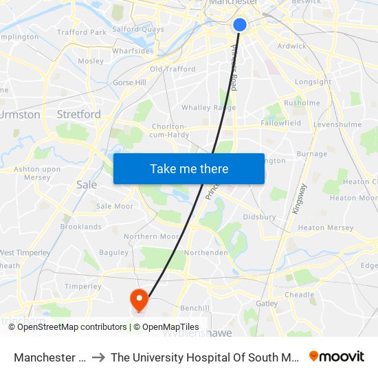 Manchester Oxford Road to The University Hospital Of South Manchester Nhs Foundation Trust map