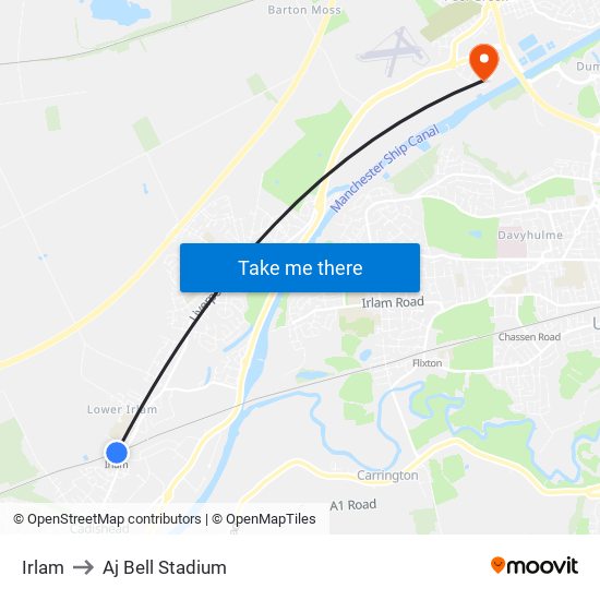 Irlam to Aj Bell Stadium map