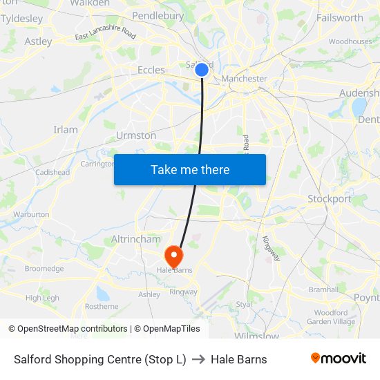 Salford Shopping Centre (Stop L) to Hale Barns map
