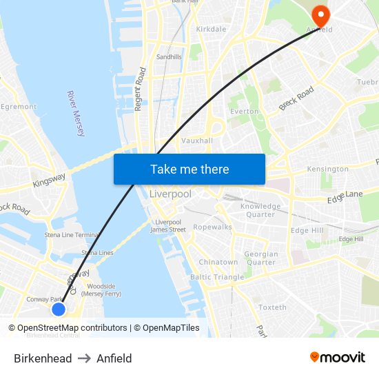 Birkenhead to Anfield map