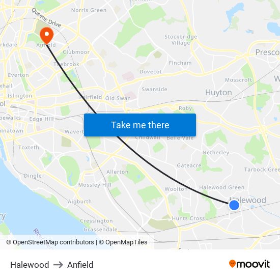 Halewood to Anfield map