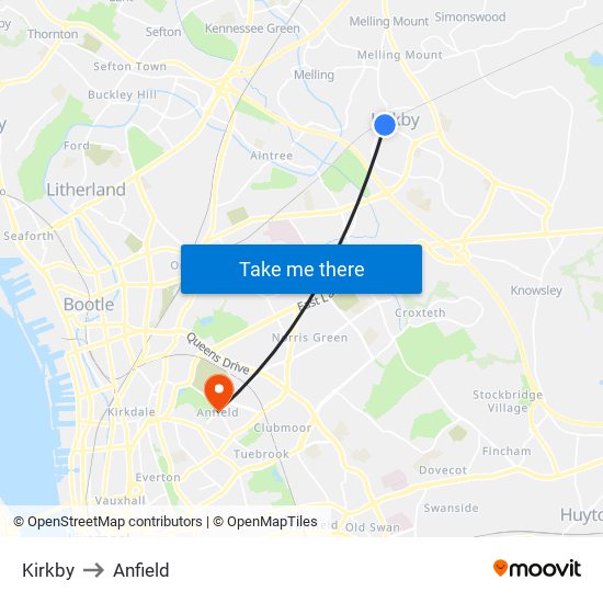 Kirkby to Anfield map