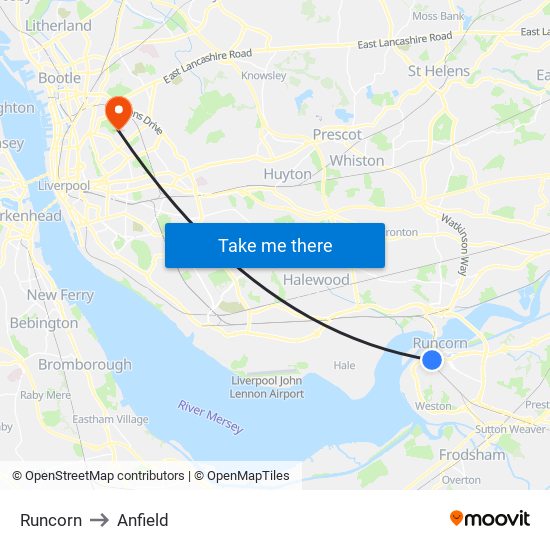 Runcorn to Anfield map