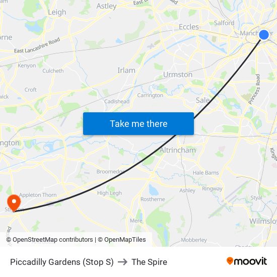 Piccadilly Gardens (Stop S) to The Spire map