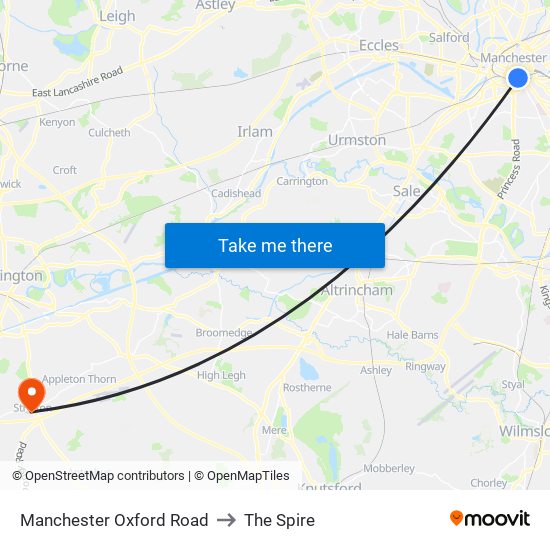 Manchester Oxford Road to The Spire map