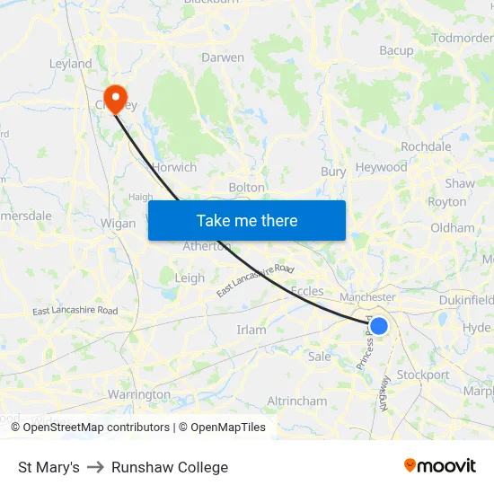 St Mary's to Runshaw College map