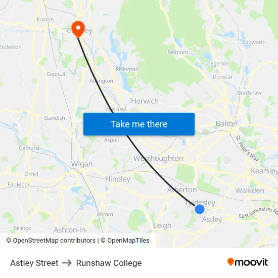 Astley Street to Runshaw College map