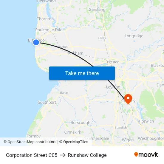 Corporation Street C05 to Runshaw College map