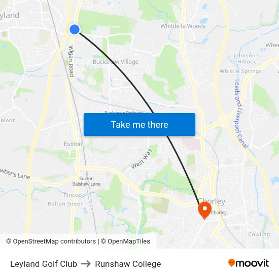 Leyland Golf Club to Runshaw College map