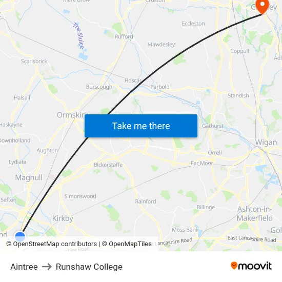 Aintree to Runshaw College map