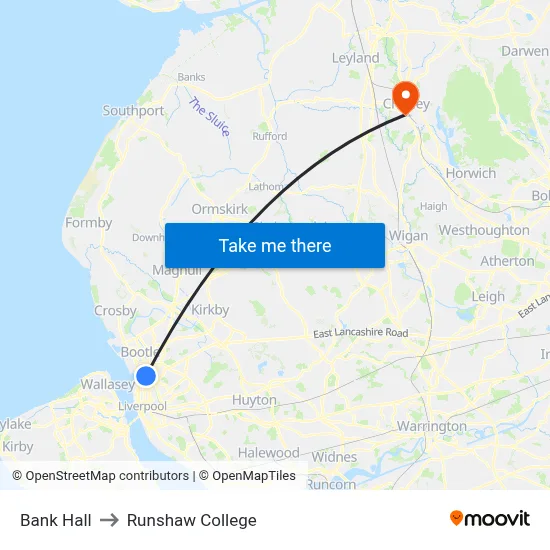 Bank Hall to Runshaw College map
