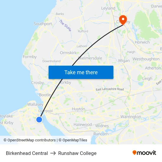 Birkenhead Central to Runshaw College map