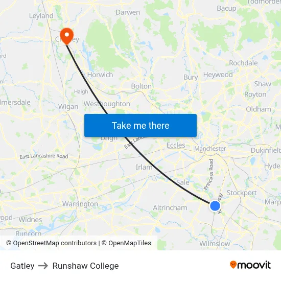 Gatley to Runshaw College map