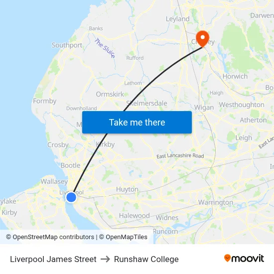 Liverpool James Street to Runshaw College map