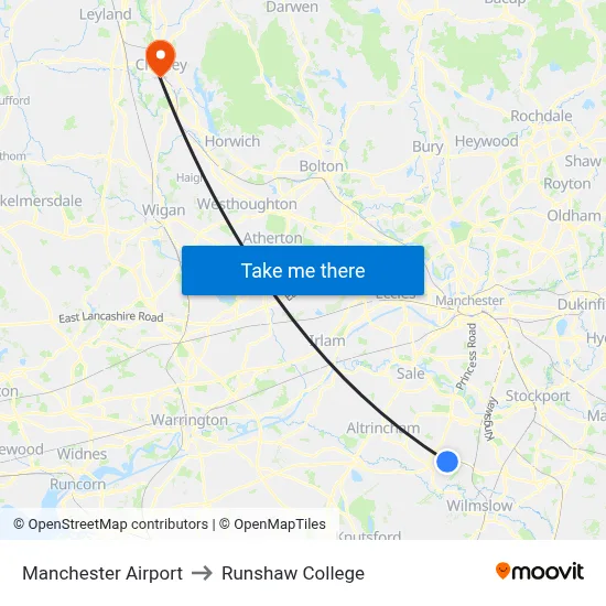 Manchester Airport to Runshaw College map