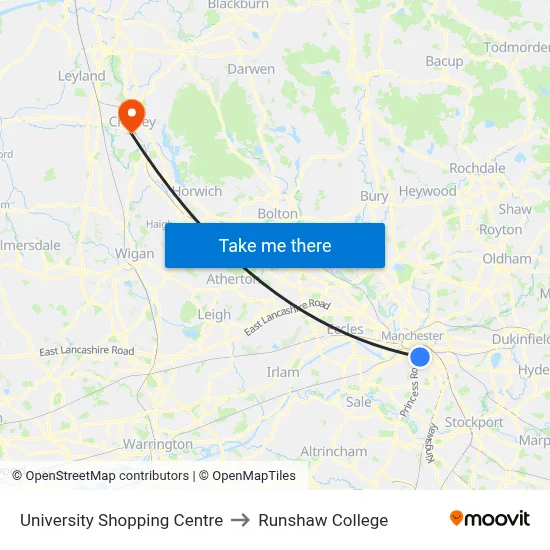 University Shopping Centre to Runshaw College map