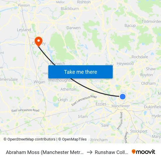 Abraham Moss (Manchester Metrolink) to Runshaw College map