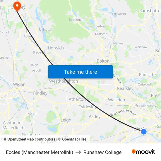 Eccles (Manchester Metrolink) to Runshaw College map