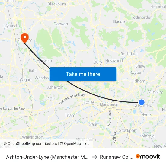 Ashton-Under-Lyne (Manchester Metrolink) to Runshaw College map