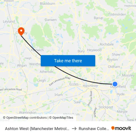 Ashton West (Manchester Metrolink) to Runshaw College map