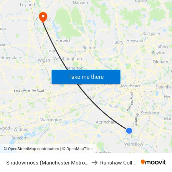 Shadowmoss (Manchester Metrolink) to Runshaw College map