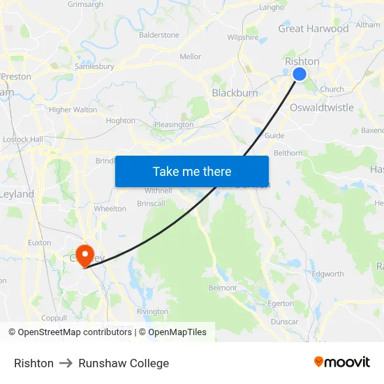 Rishton to Runshaw College map