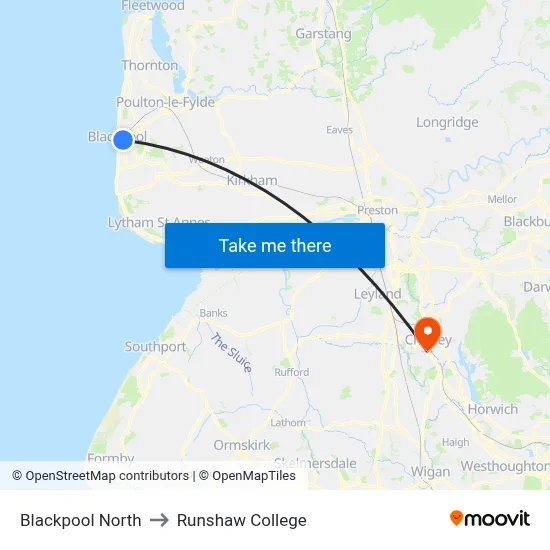 Blackpool North to Runshaw College map