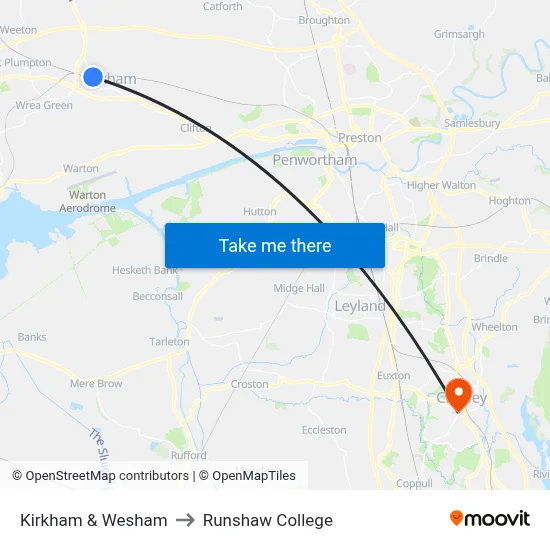 Kirkham & Wesham to Runshaw College map