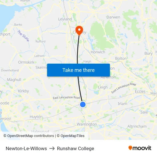 Newton-Le-Willows to Runshaw College map