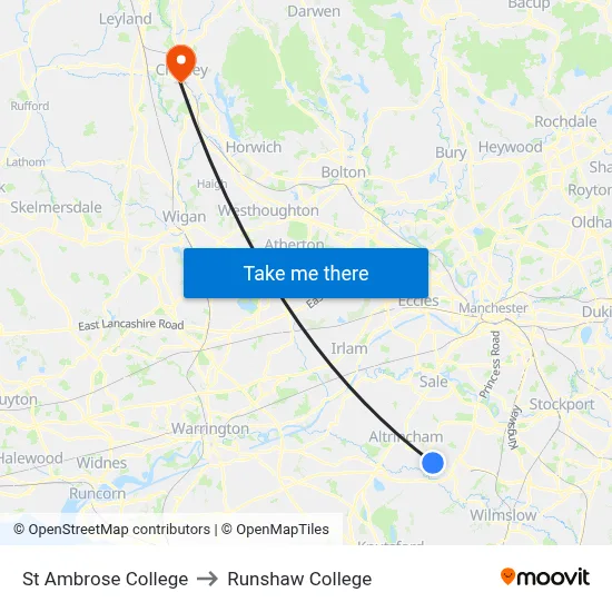St Ambrose College to Runshaw College map
