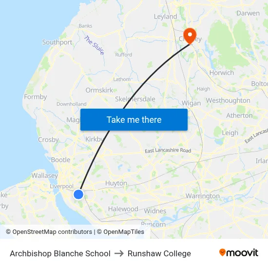 Archbishop Blanche School to Runshaw College map