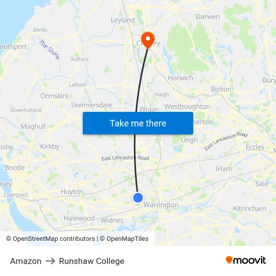 Amazon to Runshaw College map