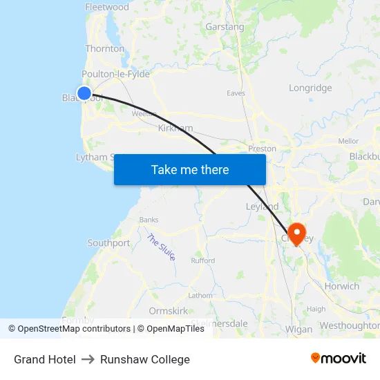 Grand Hotel to Runshaw College map