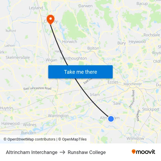 Altrincham Interchange to Runshaw College map