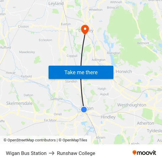Wigan Bus Station to Runshaw College map