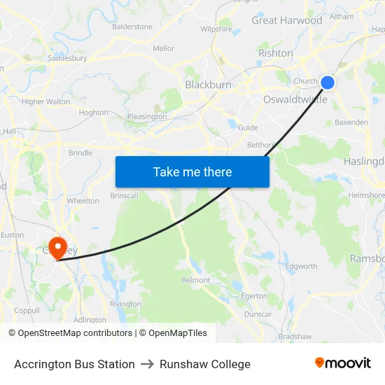 Accrington Bus Station to Runshaw College map