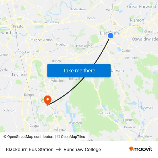 Blackburn Bus Station to Runshaw College map