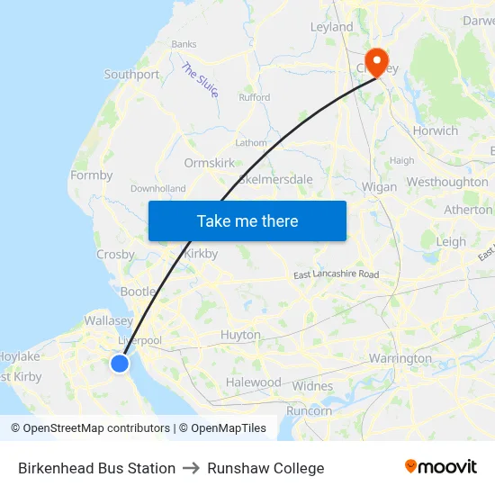 Birkenhead Bus Station to Runshaw College map