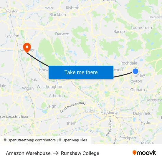 Amazon Warehouse to Runshaw College map